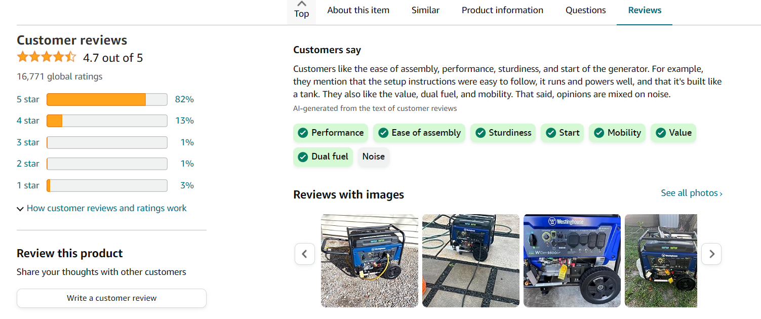 Customers like the performance, ease of assembly, sturdiness, start, and mobility of the generator on AMAZON