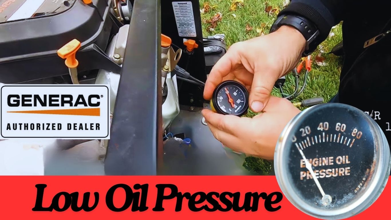 Person checking a generator's oil pressure with a gauge, showing low engine oil pressure
