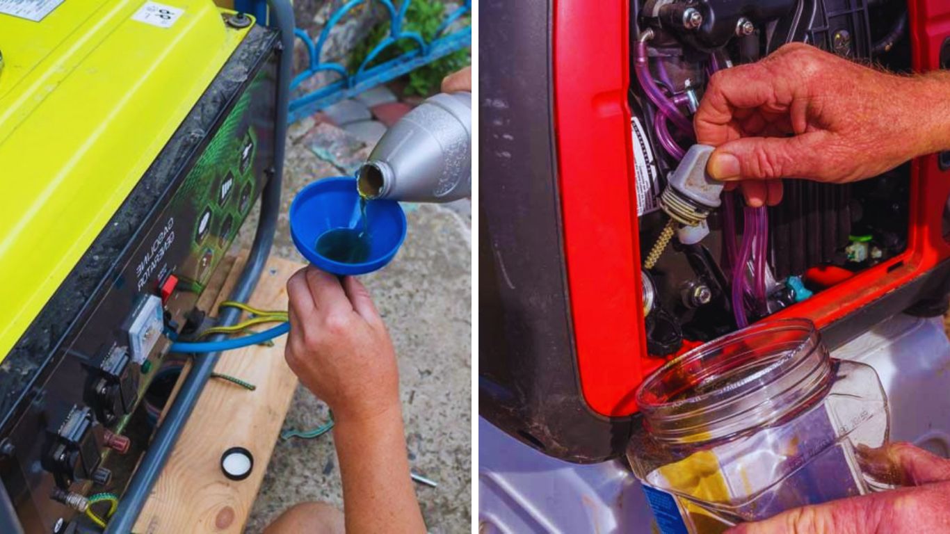 Person pouring oil into a generator on the left, draining fuel from another generator on the right.