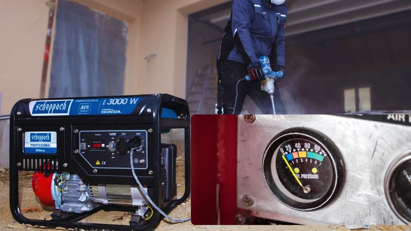 Portable generator with oil pressure gauge and worker using a power tool at a construction site.